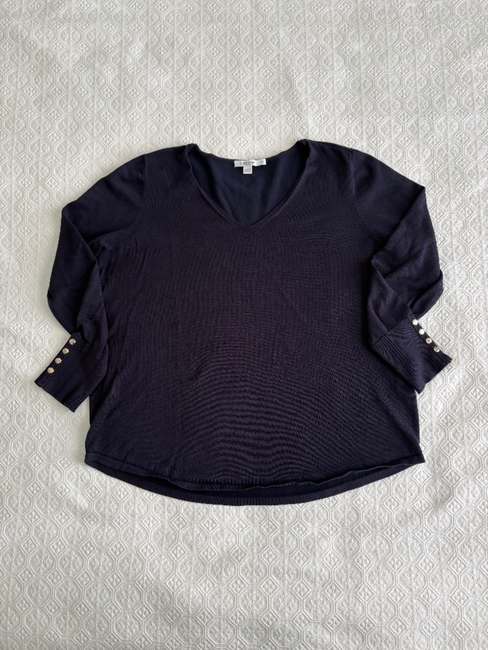 Chico's Rayon Blend V-Neck Sweater Medium Navy Gold Button Cuffs